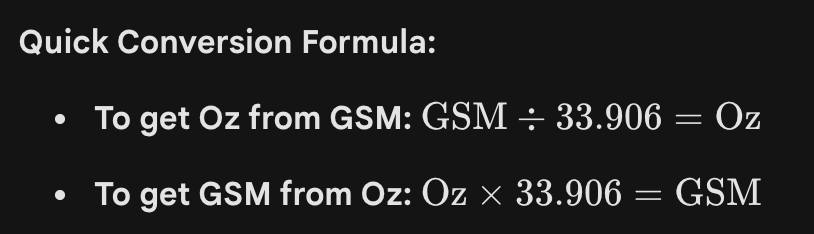 GSM to Oz formula for fabric weight conversion